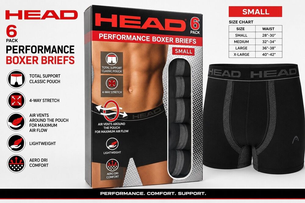 HEAD Mens Performance Boxer Briefs - 6-Pack Black Size Small